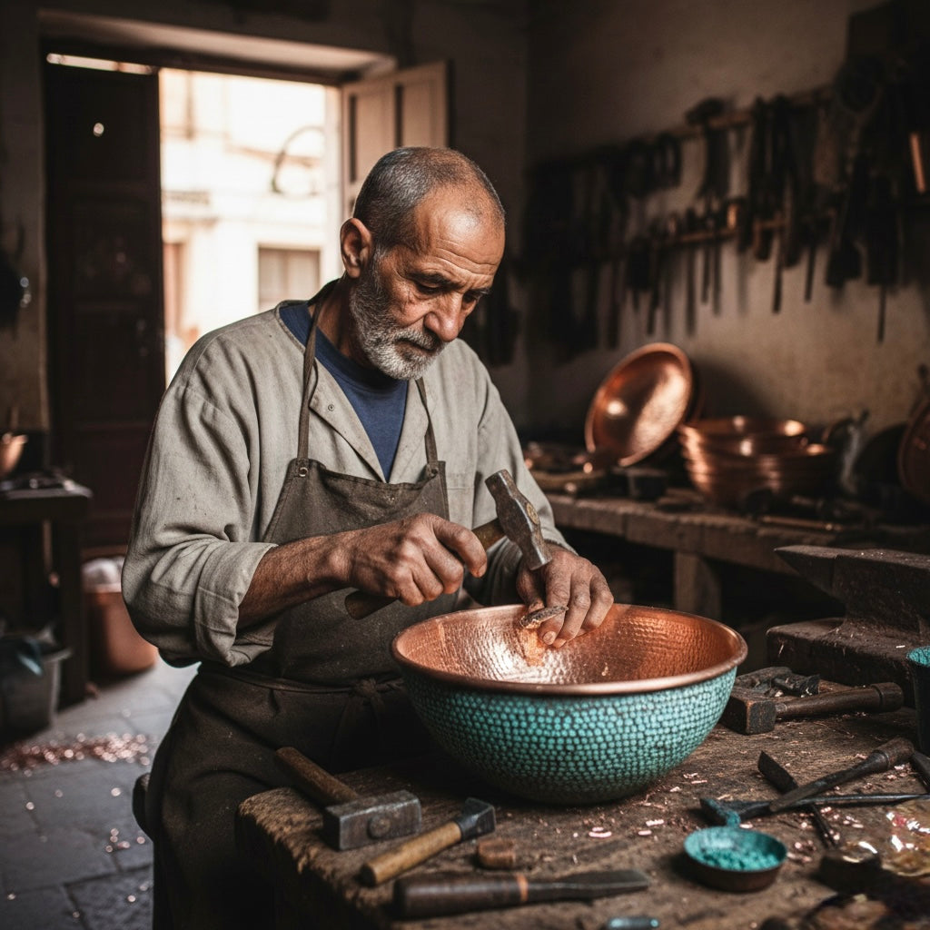 Man working on a copper Sinks in a workshop