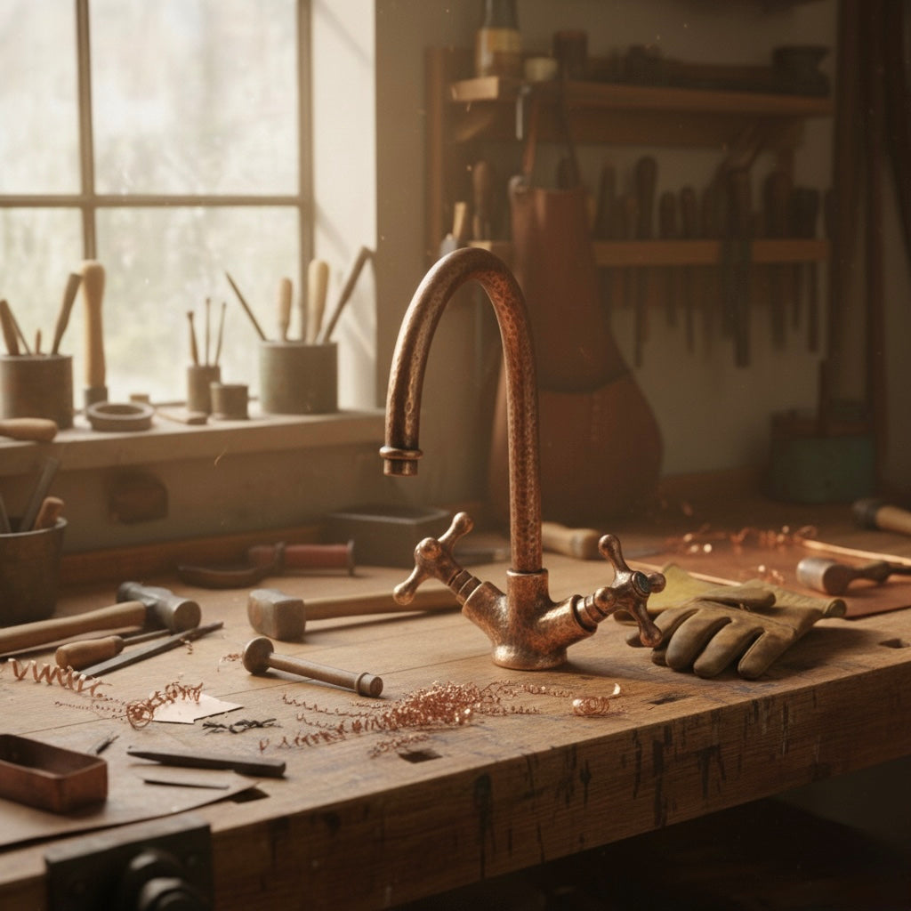 artisan handcrafted this copper faucet in workshop