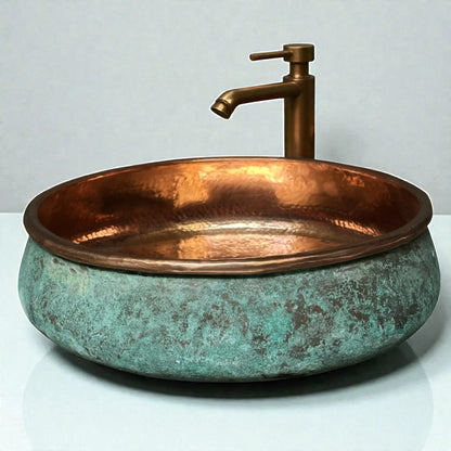 Green Patina Copper Vessel Sink with a stylish design and elegant faucet.