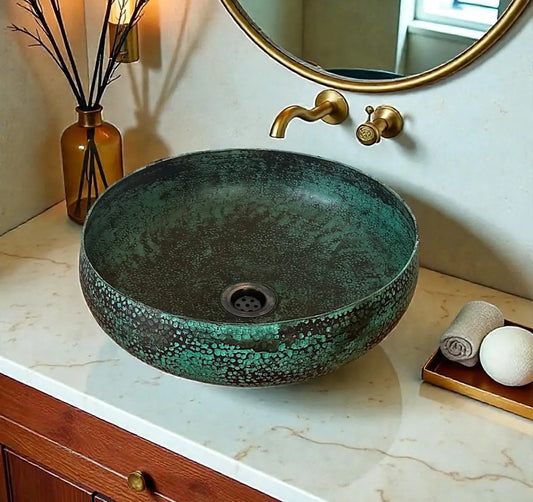 Green Patina Copper Vessel Sink displayed on a marble countertop with elegant bathroom decor.