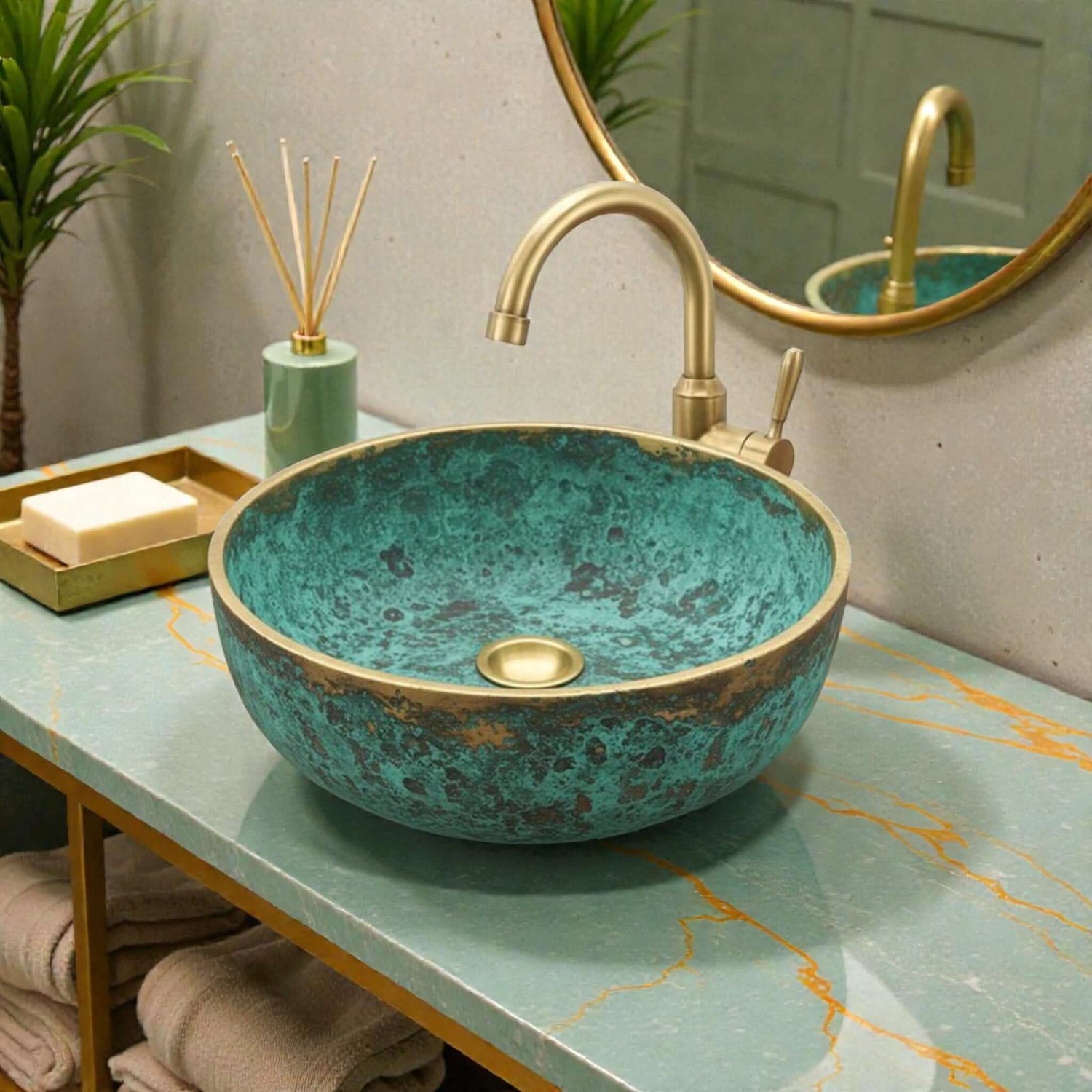 Handcrafted copper vessel sinks 
collection — hammered patina basins 
by Coppera Studio