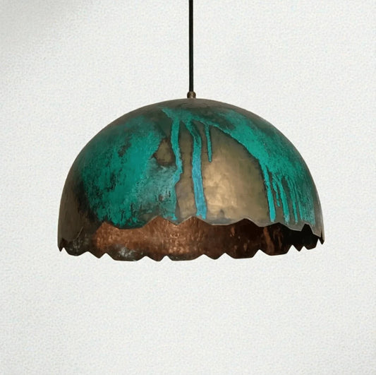 Green Patina Scalloped Copper Dome Pendant Light