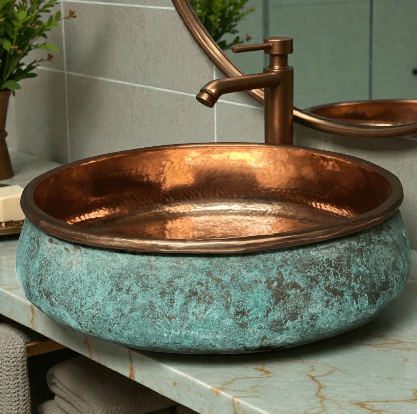 two tone green patina copper vessel sink with hammered finish and luxurious turquoise basin