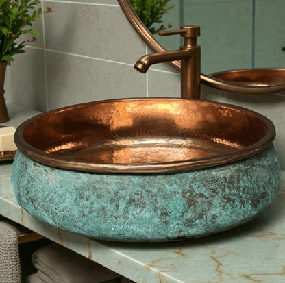 two tone green patina copper vessel sink with hammered finish and luxurious turquoise basin