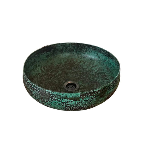 Green Patina Copper Vessel Sink displayed on a marble countertop with elegant bathroom decor.