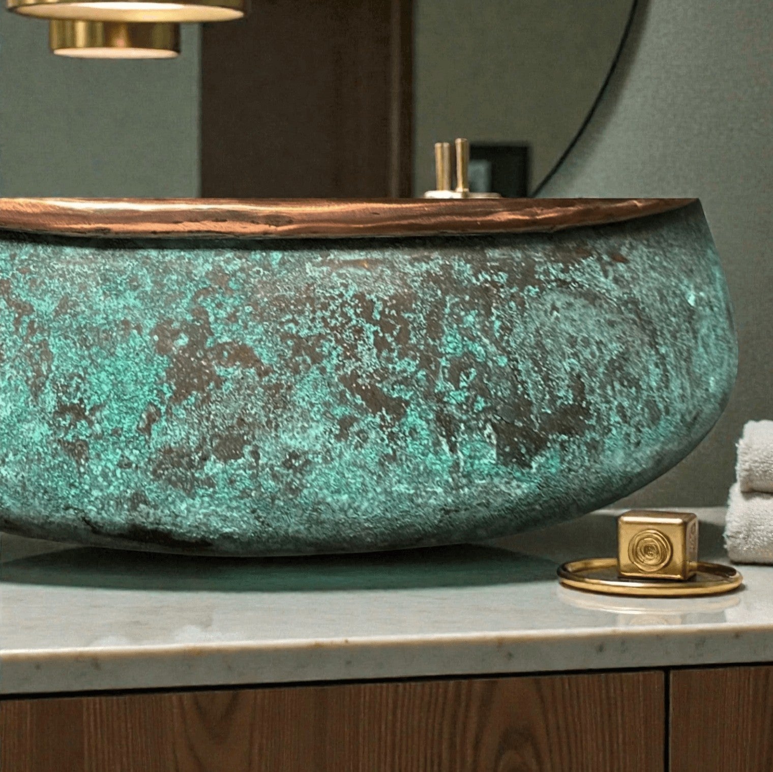 two tone green patina copper vessel sink showcased in a modern bathroom setting.