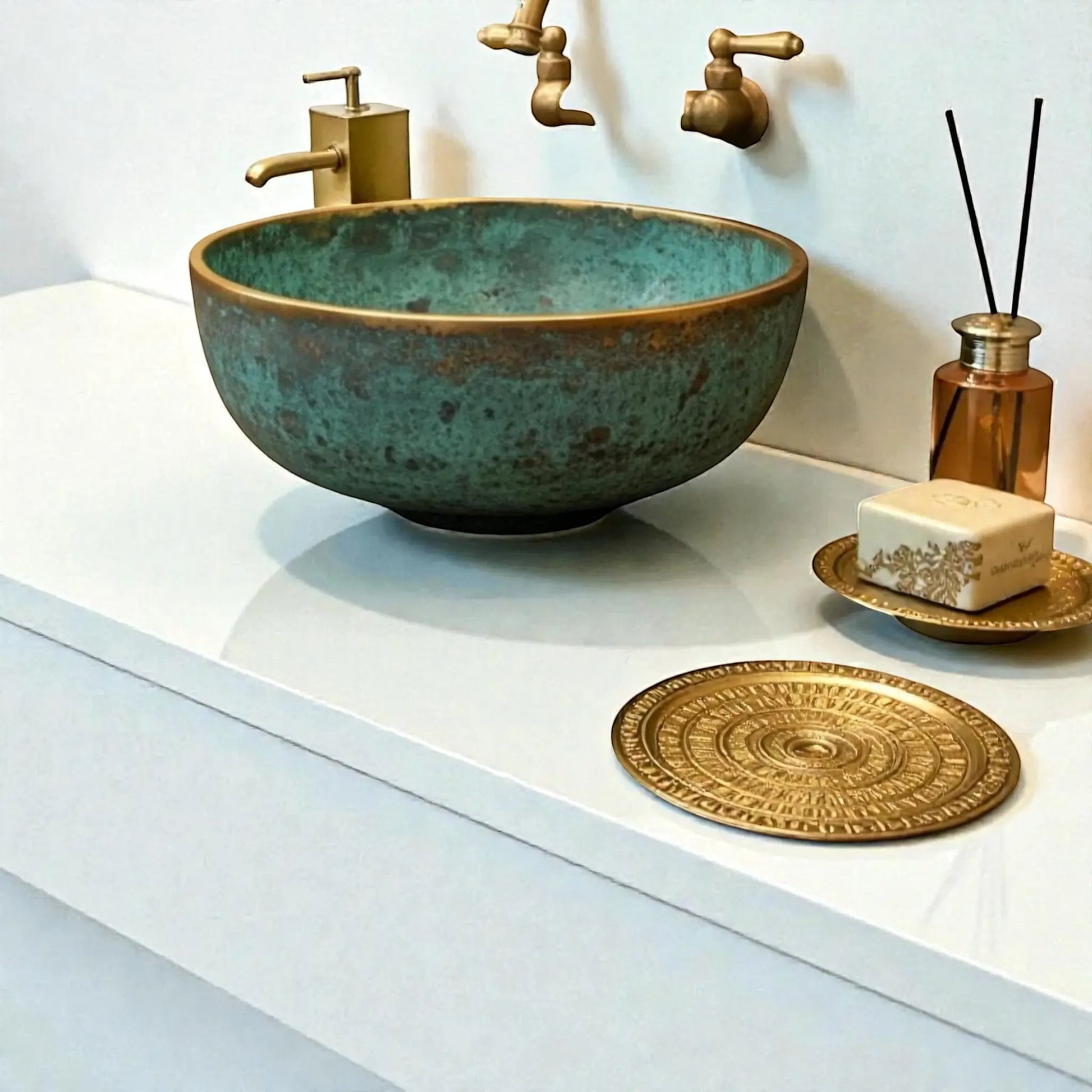 hammered copper vessel sink displayed on a modern countertop with decorative accessories and stylish faucet.