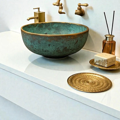 hammered copper vessel sink displayed on a modern countertop with decorative accessories and stylish faucet.