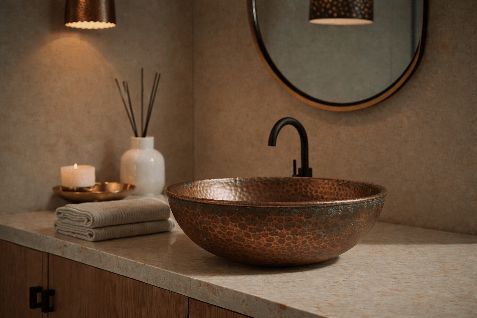 Handcrafted hammered copper vessel sink in a luxury bathroom with warm ambient lighting